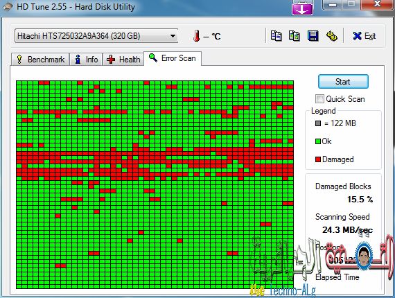 صورة لـ كيف يمكنك حل مشكلة التشغيل المتقطع للهارد ديسك عند استخدام الكمبيوتر | hdtune_error_scan_hitachi_hts725032a9a364-DzTechs