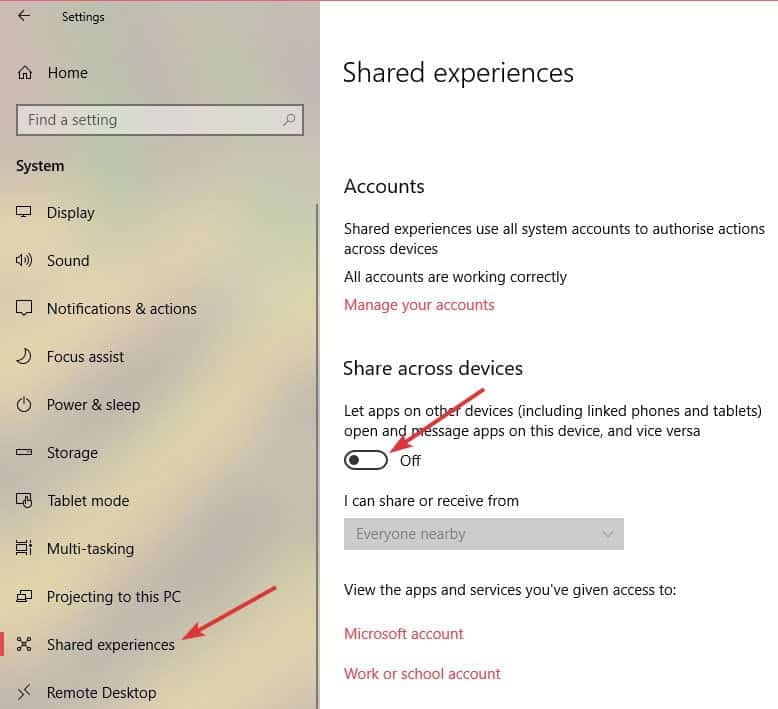 صورة لـ كيفية تعطيل ميزة Shared Experiences في ويندوز 10 | shared-experiences-win10-disable-from-settings-app-DzTechs