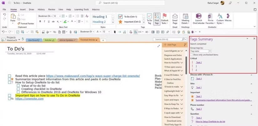 إنشاء قائمة مهام رئيسية في OneNote