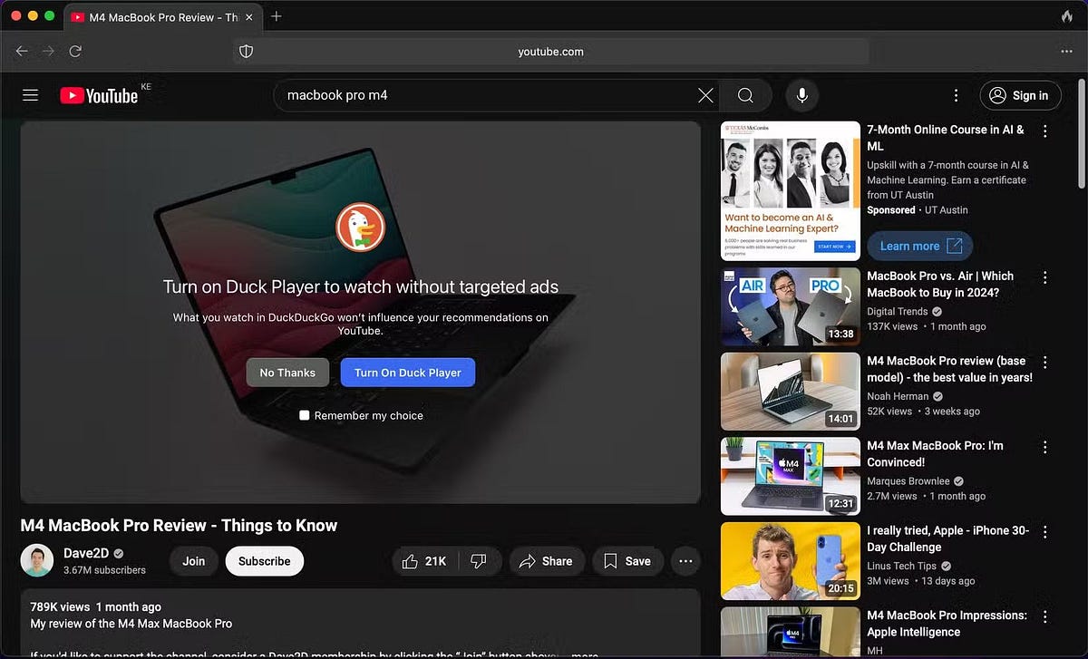 المميزات: متصفح DuckDuckGo لديه عارض YouTube خاص