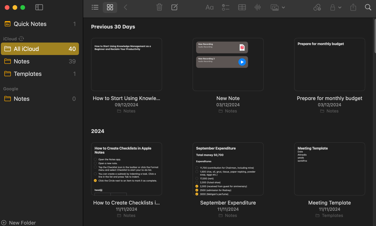 مجموعة عشوائية من الملاحظات في Apple Notes