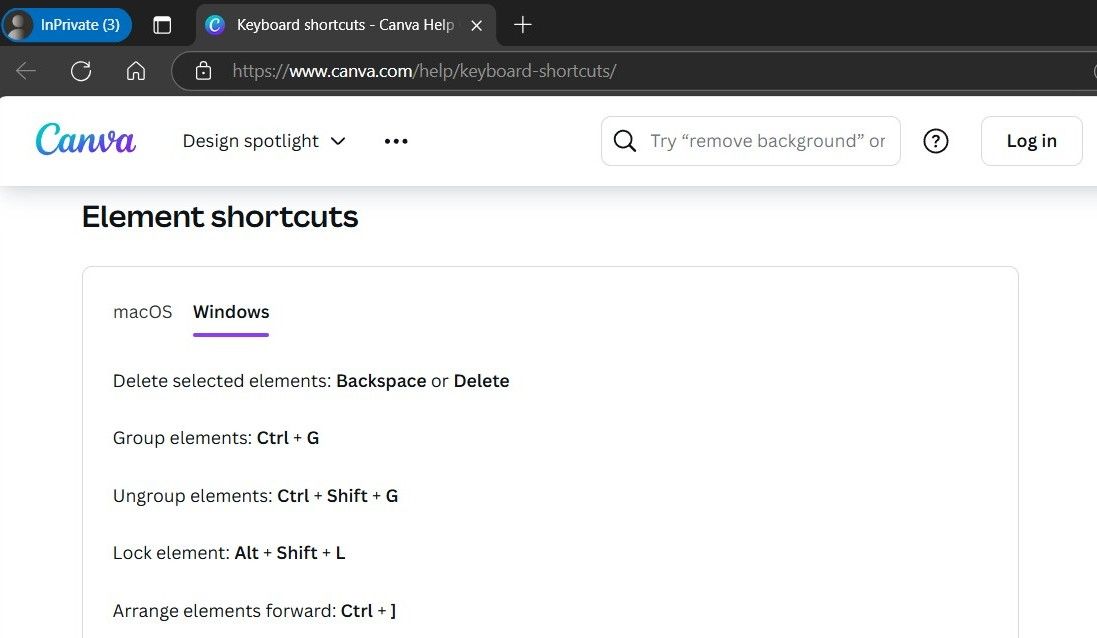 Canva elements keyboard shortcuts