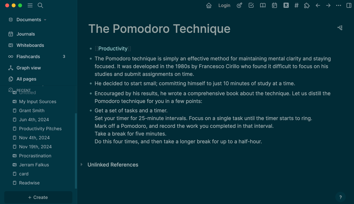 A page on the Pomodoro technique in Logseq