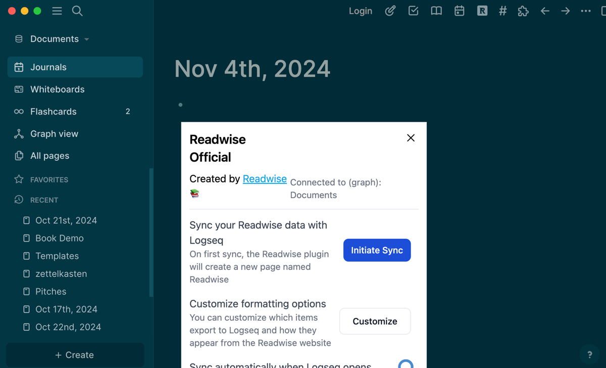 ملحق Readwise في Logseq