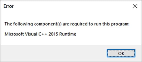 رسالة خطأ حزمة Microsoft Visual C++ 2015 Runtime المفقودة