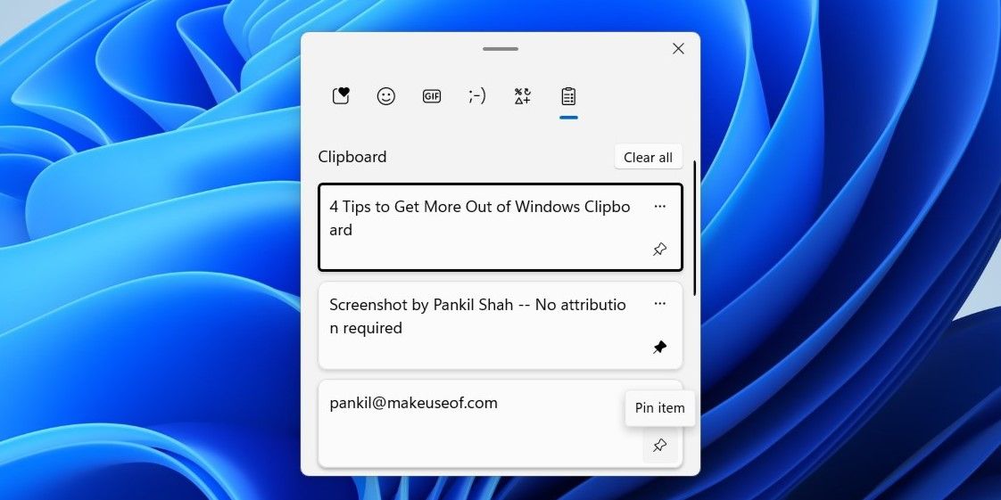 خيار تثبيت سجل الحافظة مُظلل في تطبيق الحافظة في نظام Windows 11