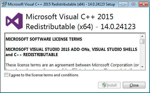 نافذة تثبيت Microsoft Visual C++ 2015 Redistributable