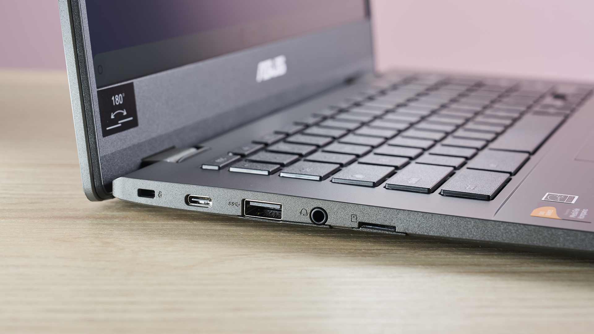 Close-up of Asus Chromebook CM14 ports on left side