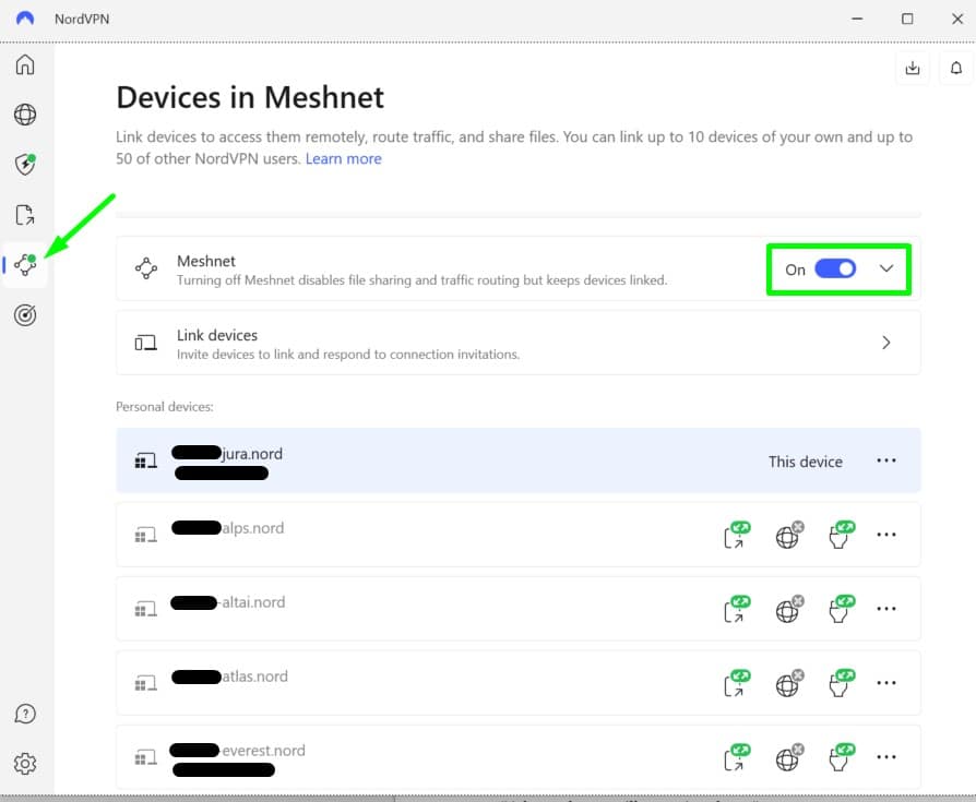 لقطة شاشة لإعدادات Meshnet في NordVPN