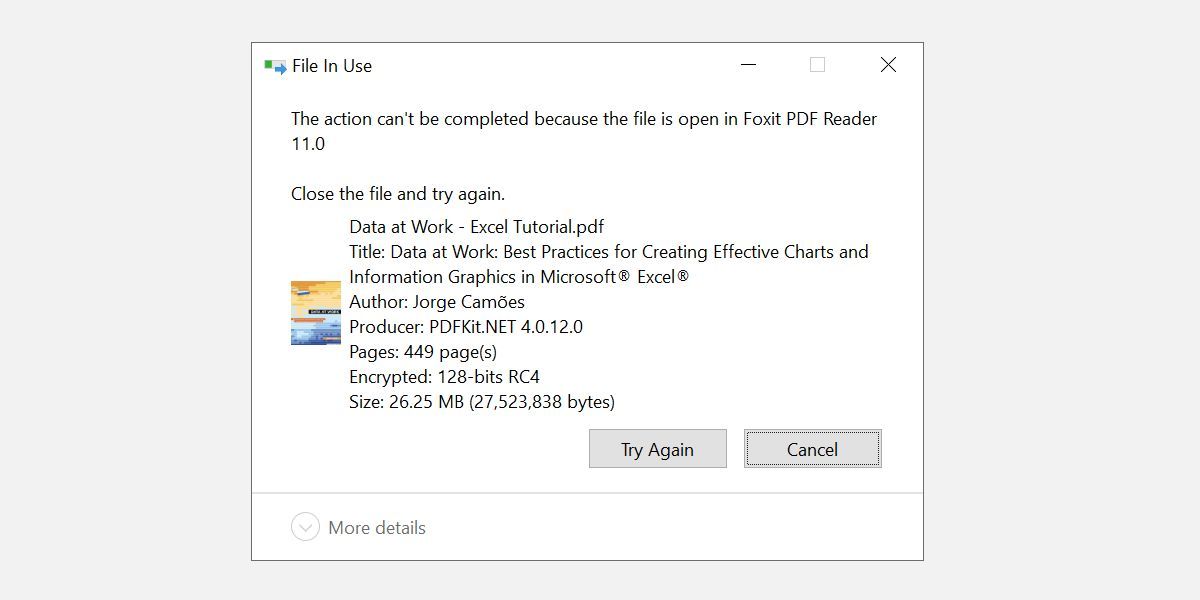 رسالة خطأ في Windows 10 تفيد بأن الملف قيد الاستخدام عند محاولة حذف ملف PDF مفتوح.