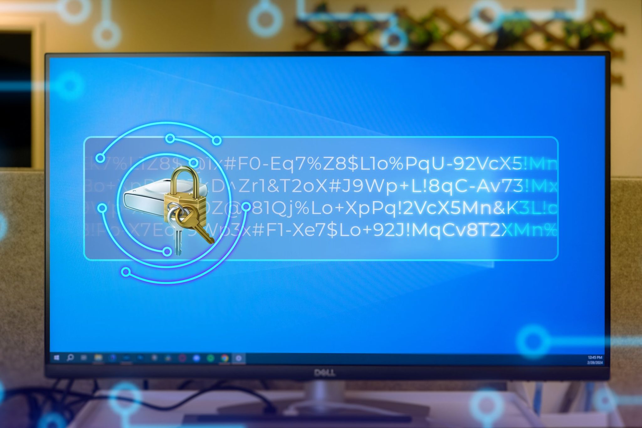 A PC screen with Windows 11 and the BitLocker icon in the center with some codes.-1