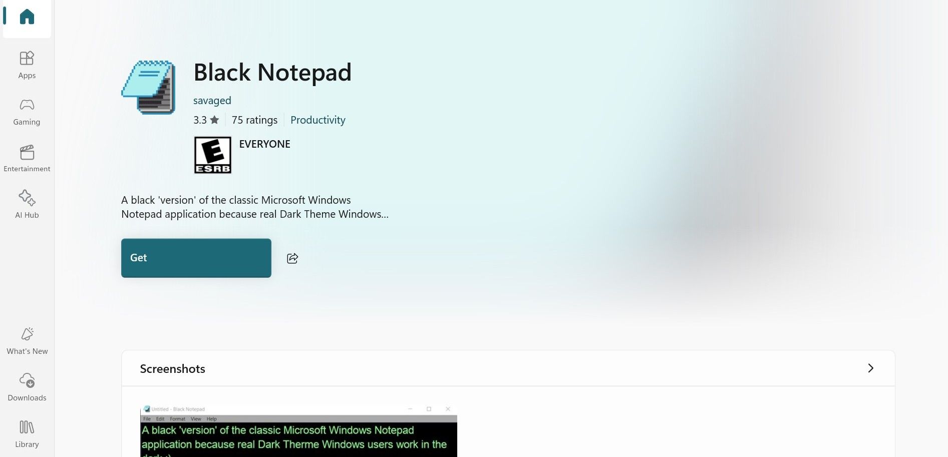 لقطة شاشة تُظهر تطبيق Black Notepad في متجر Microsoft