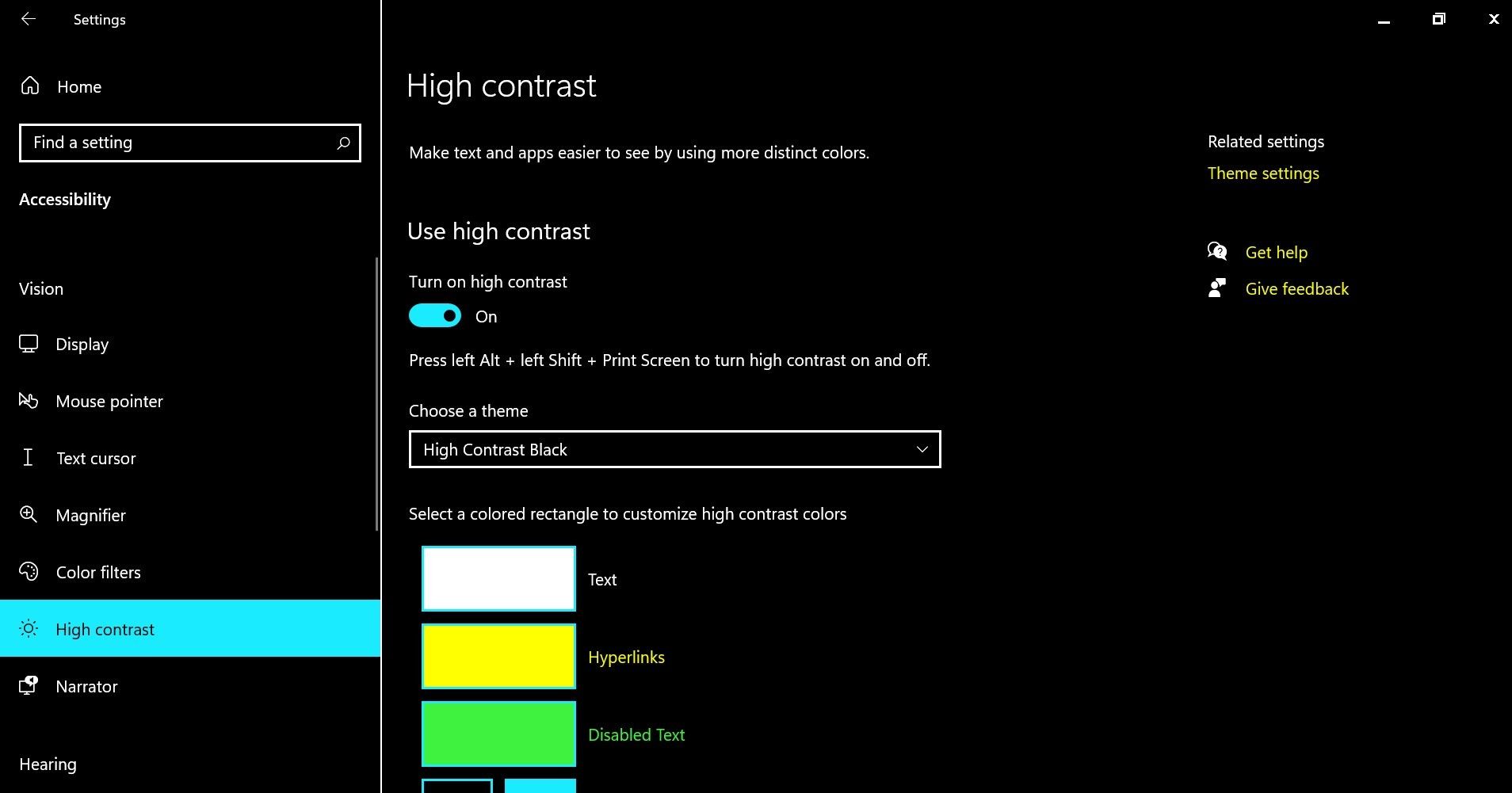 لقطة شاشة تُظهر ميزة التباين العالي في تطبيق إعدادات Windows