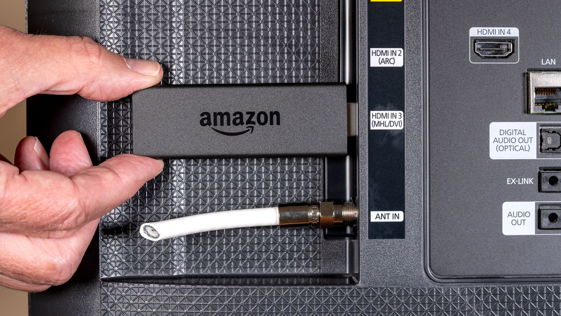 amazon fire tv stick in hdmi port with cut tv antenna cable