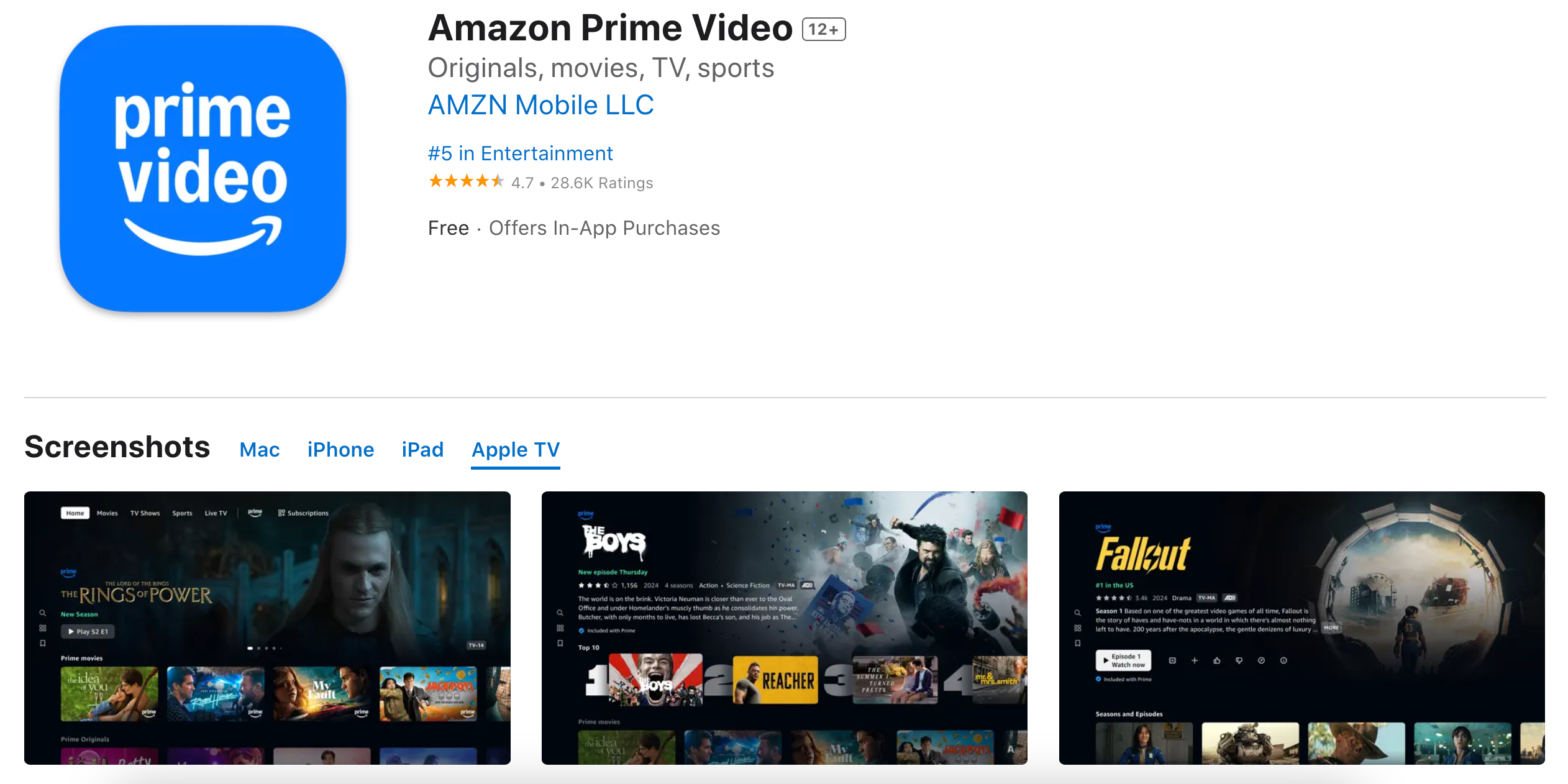 The Amazon Prime Video app on Apple's App Store