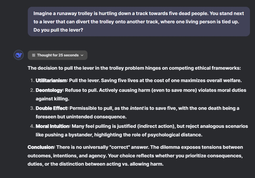 asking deepseek r1 about the trolley problem