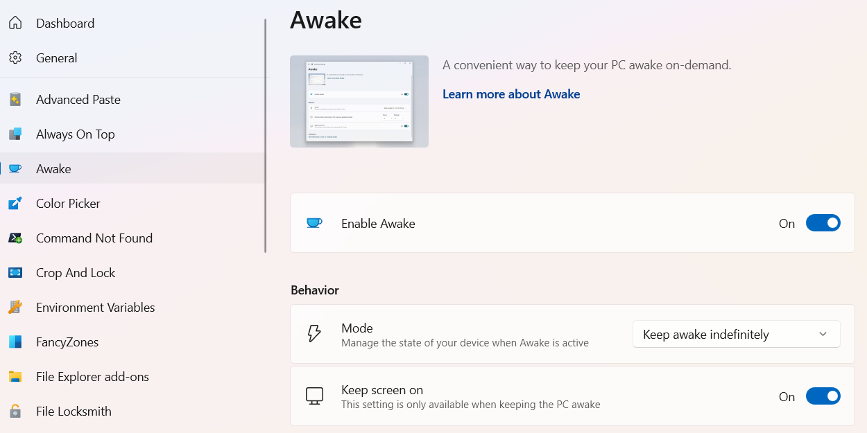 تمكين أداة Awake في PowerToys على Windows.