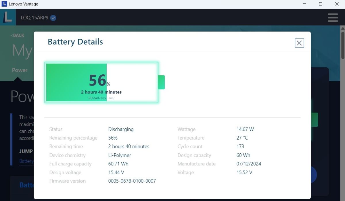 تفاصيل البطارية في Lenovo Vantage