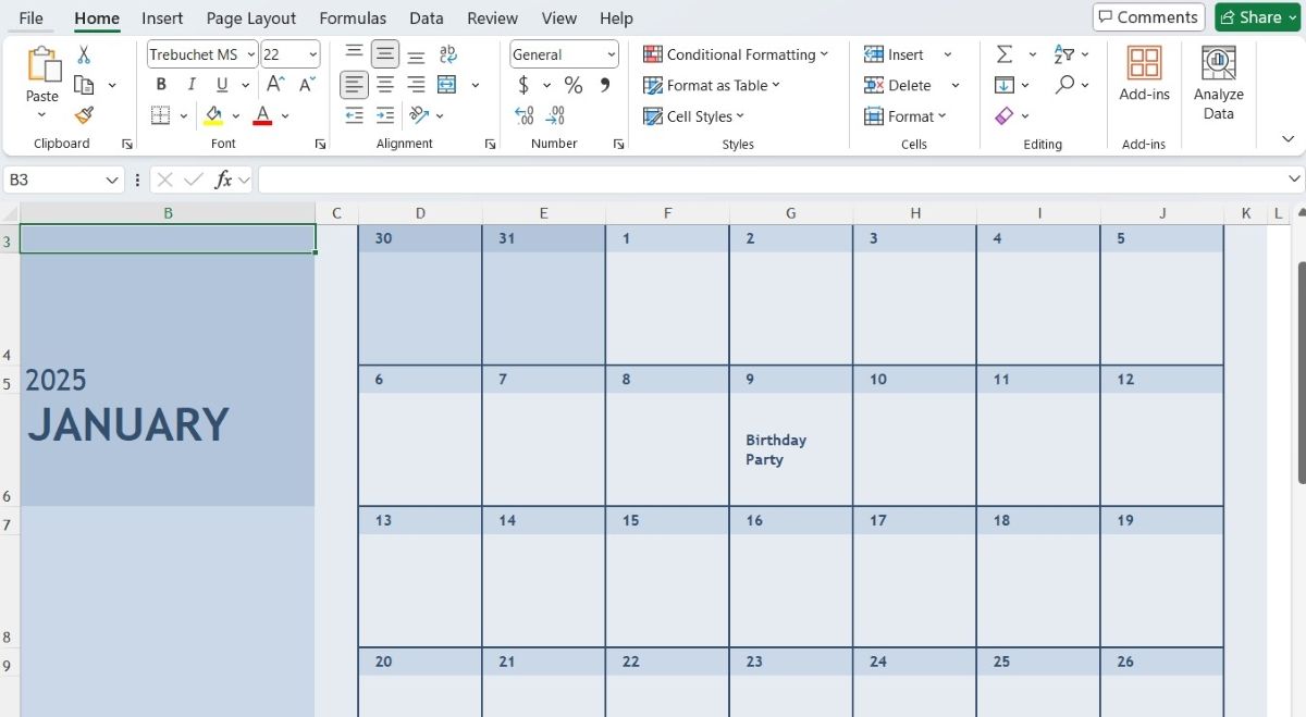 تقويم يوضح شهر يناير في Excel