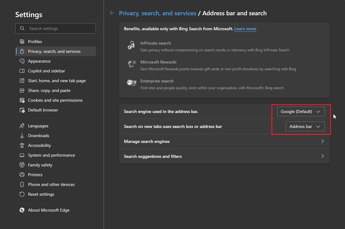 change default search engine in microsoft edge