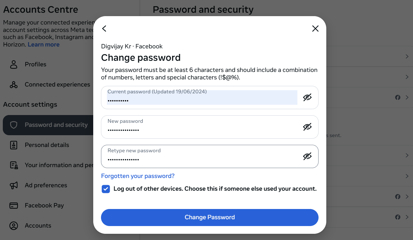 Changing Facebook Password