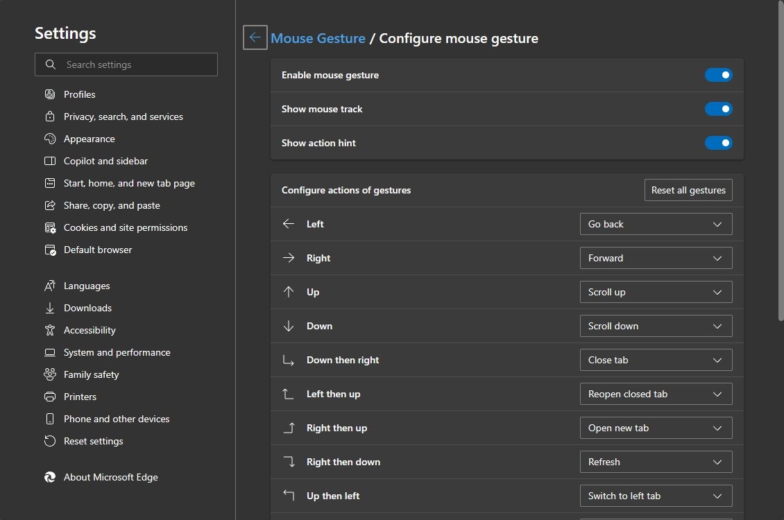 configure mouse gestures in microsoft edge