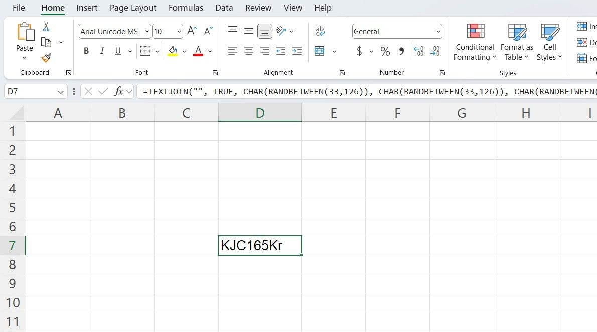 يوضح Excel كلمة مرور عشوائية تم إنشاؤها باستخدام صيغة