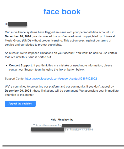 An example of a fake Facebook email with a copyright claim.