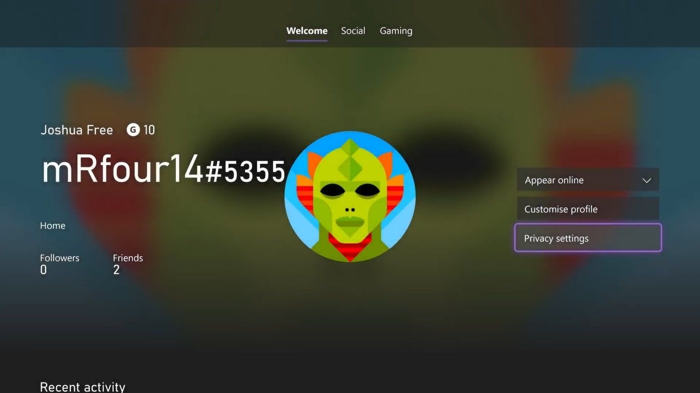 لقطة شاشة لقائمة Xbox Profile الرئيسية على Xbox Series X