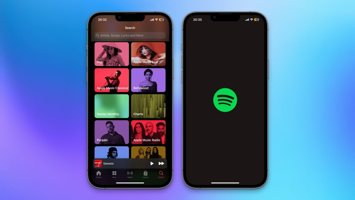 Apple Music and Spotify running on two iPhones against a blue gradient background.