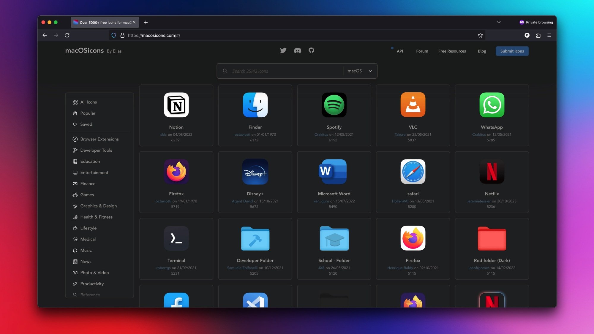 A Firefox window with the macOS Icons website open. The page displays 20 popular app icons including Finder, Netflix, and Firefox.