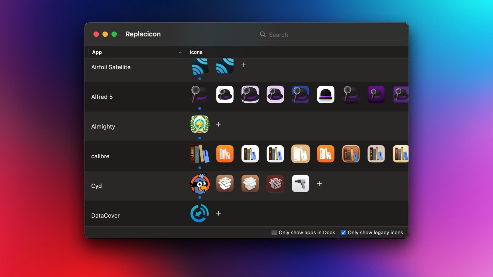 The Replacicon app showing legacy app icons on a Mac.