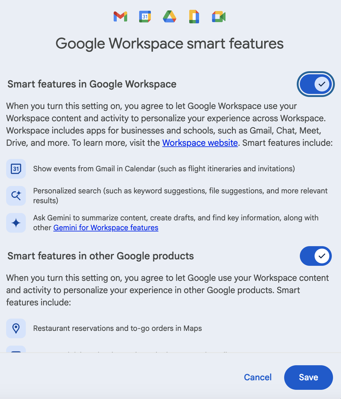 لقطة شاشة لإعدادات ميزات Google Workspace الذكية