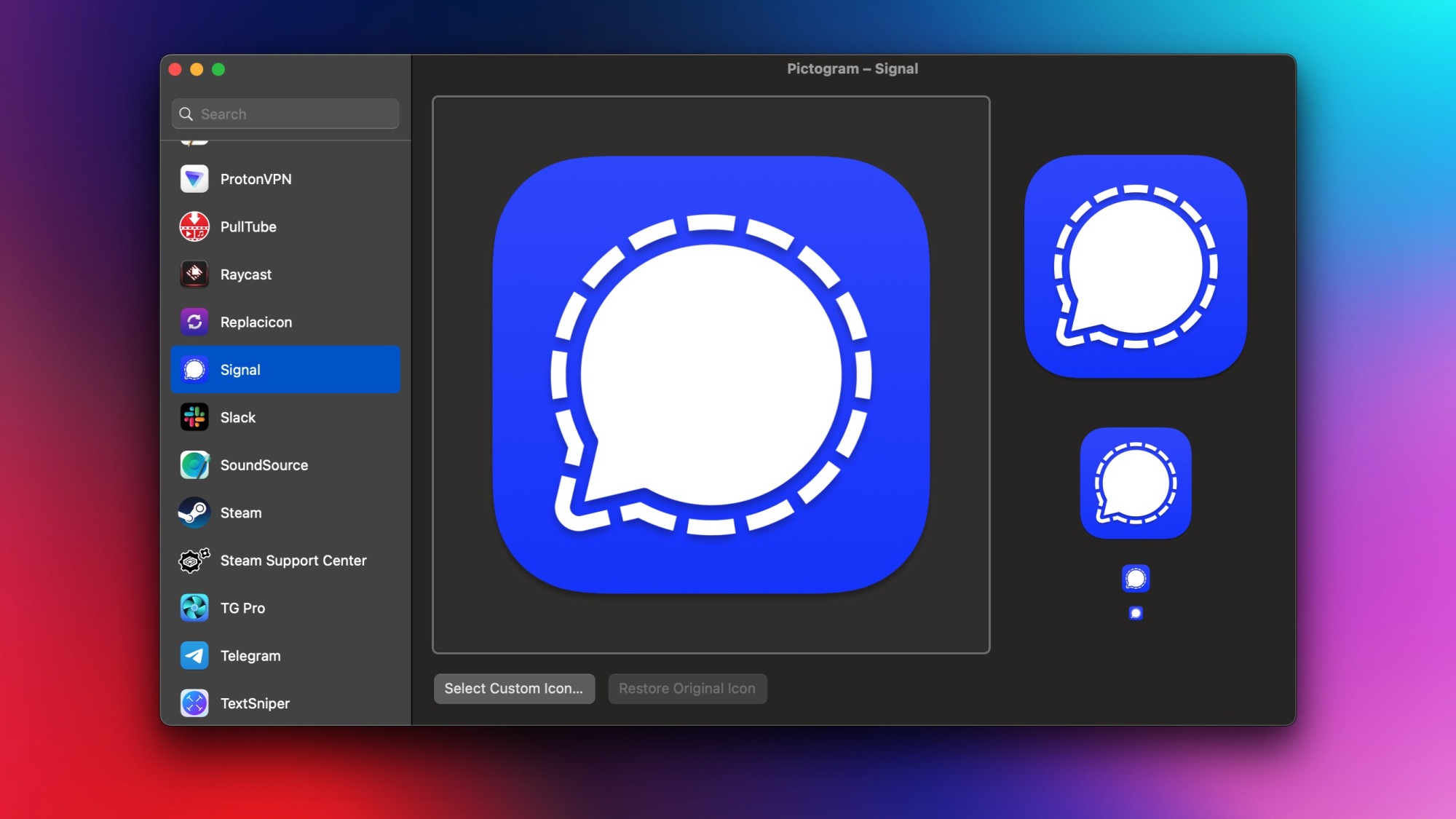 Pictogram running on a Mac, displaying a list of icons in the left pane, and app icon variations for Signal.