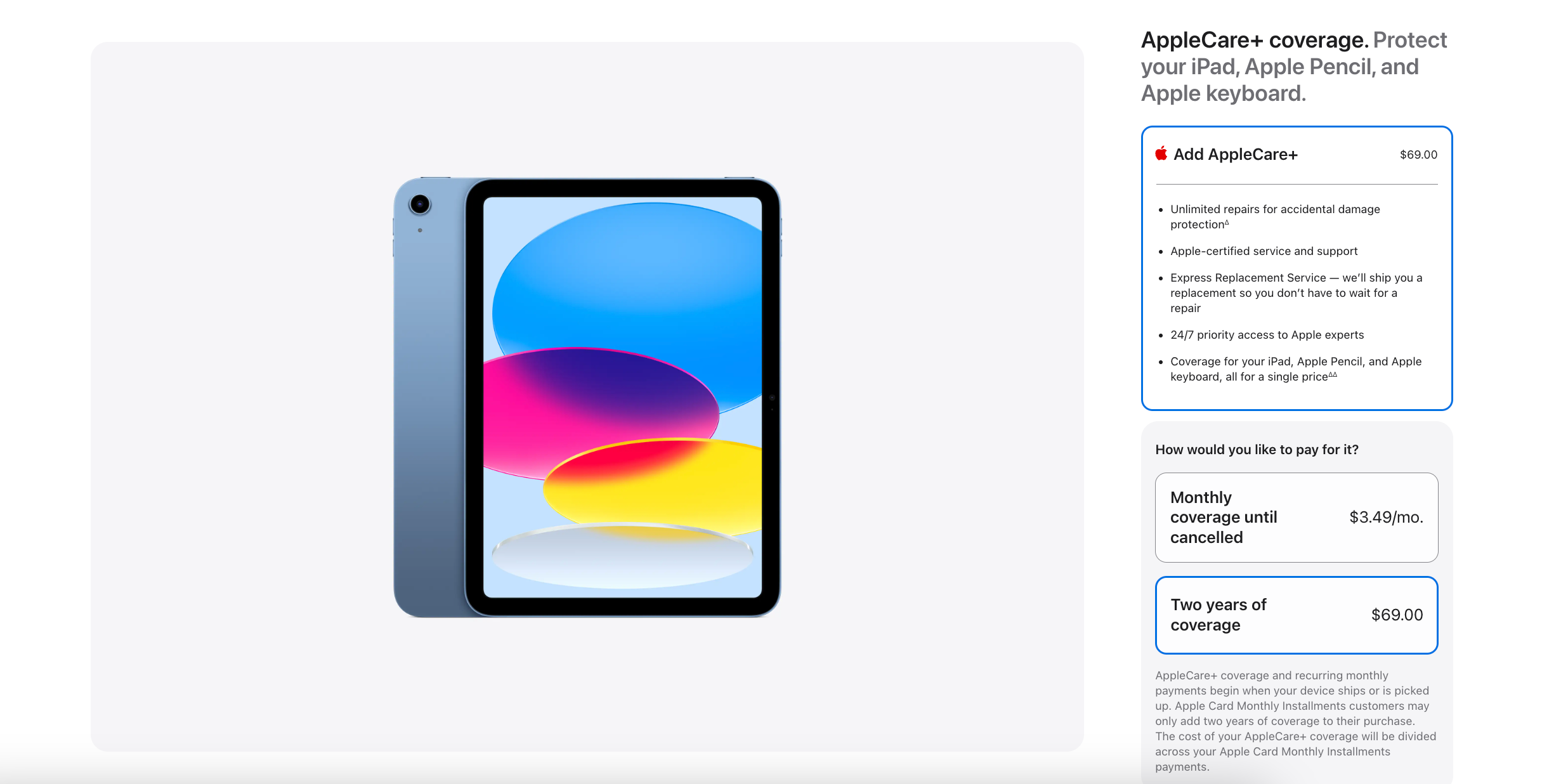 جهاز iPad معروض للبيع على موقع Apple الإلكتروني يُظهر خيارات تغطية AppleCare+