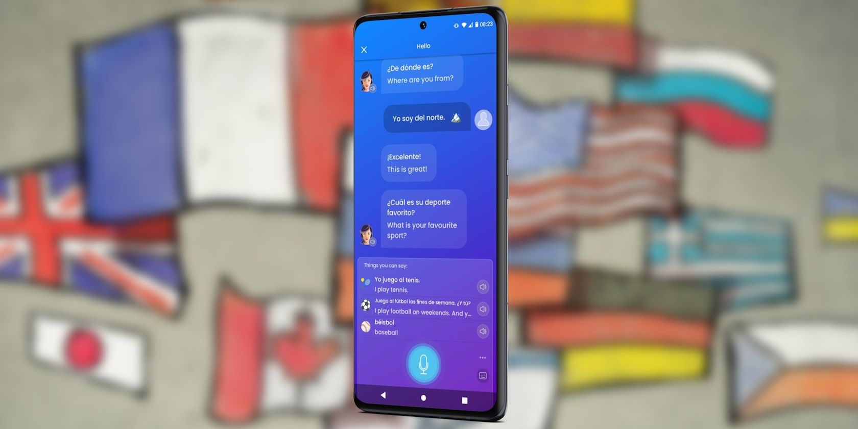 Language learning app on an Android phone with multiple national flags in the background