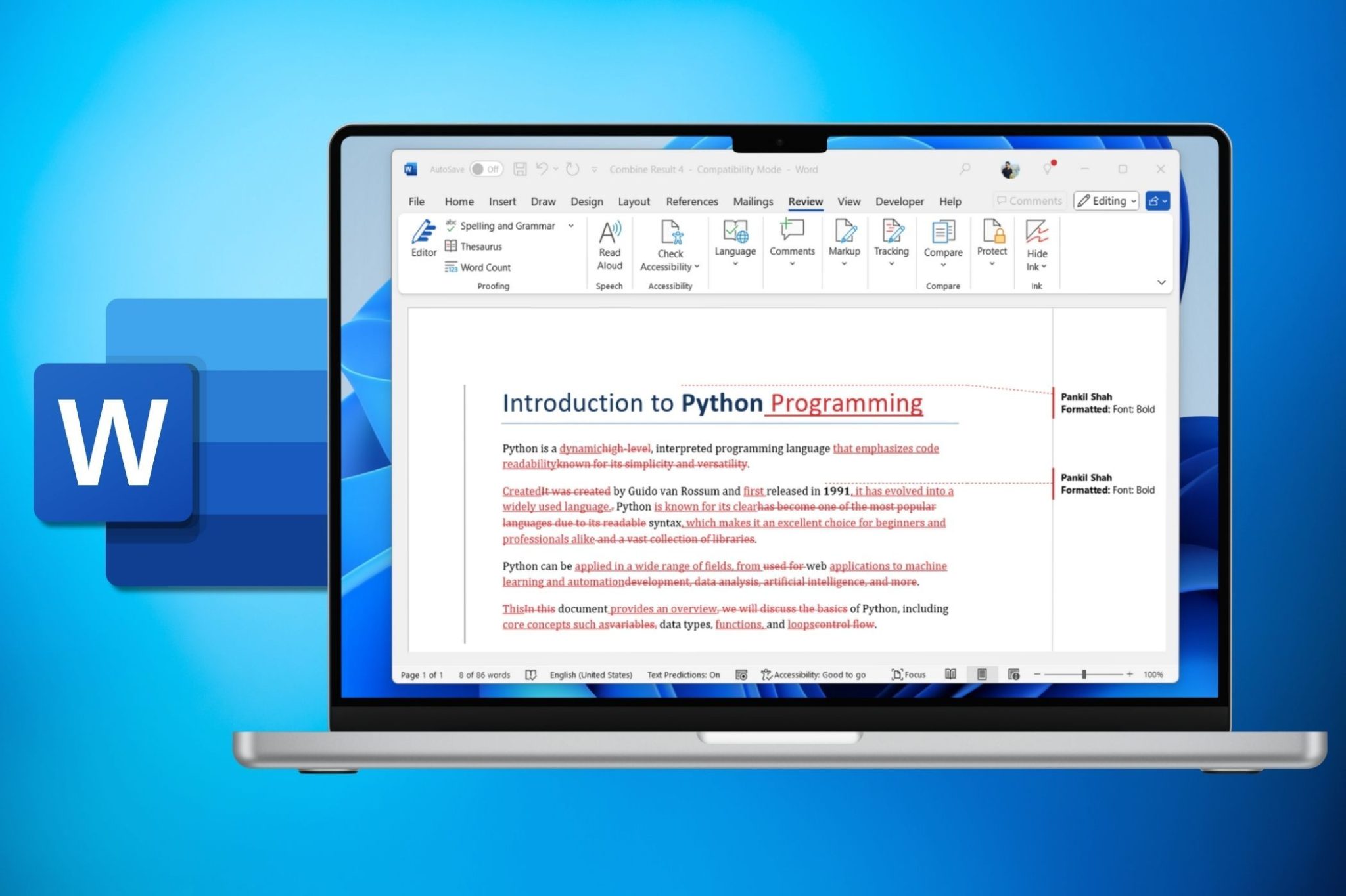 Laptop mockup showing a document with Microsoft Word logo and blue gradient background