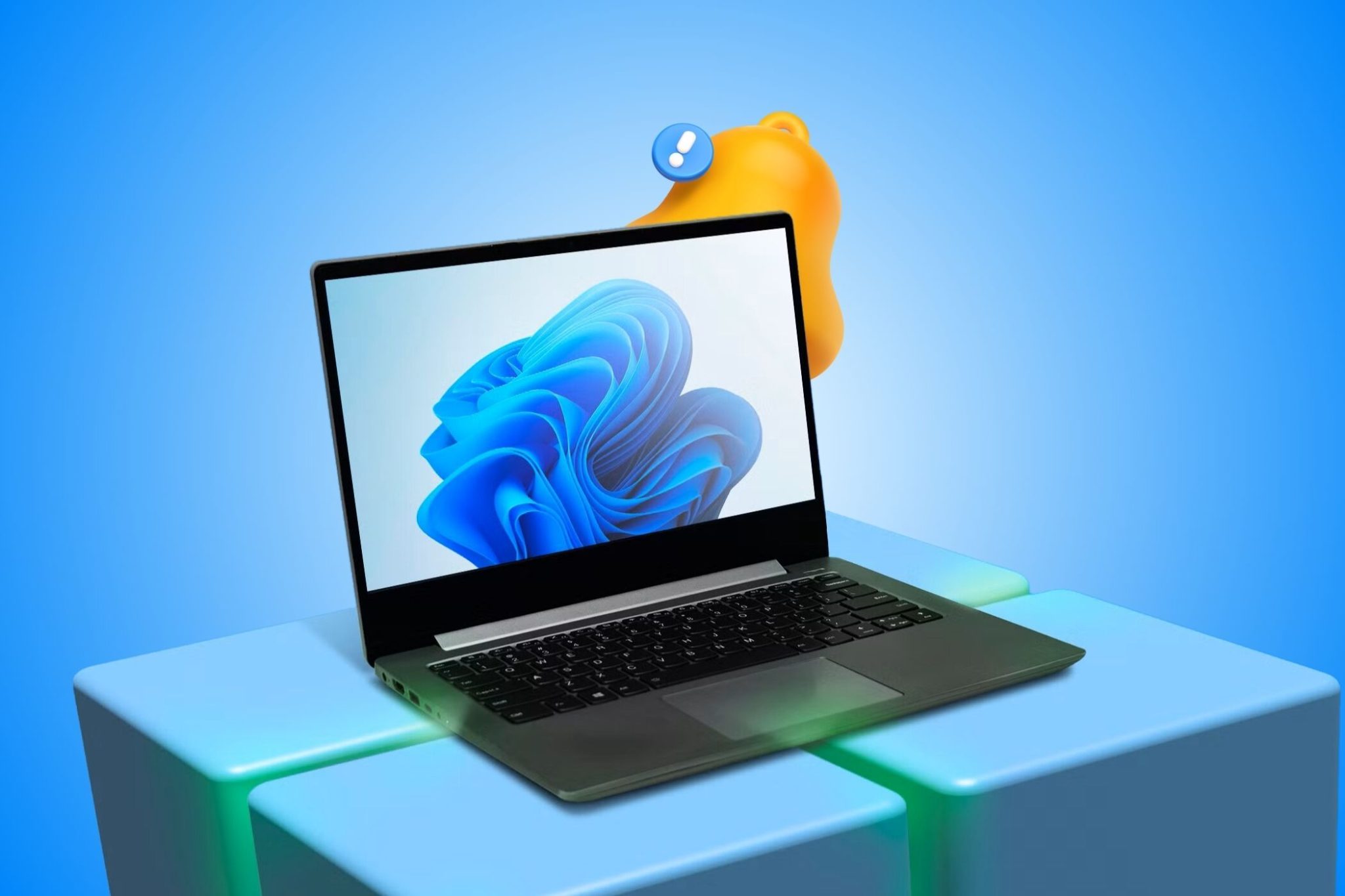 Laptop on a 3D Windows logo with notification bell icon in background