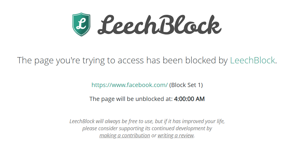 شاشة حظر LeechBlock في Google Chrome.