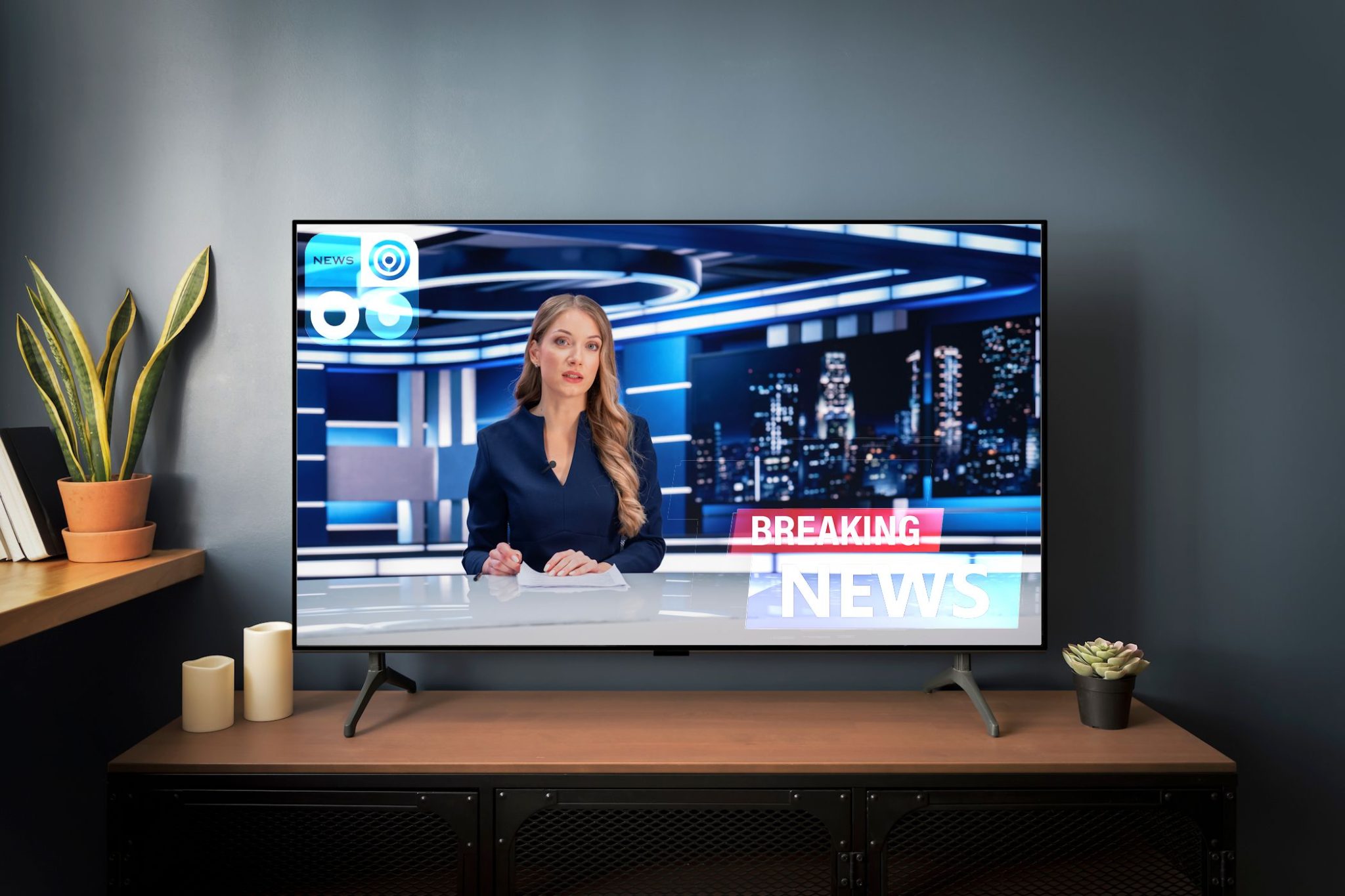 mockup tv news channel on tv with screen burn problem