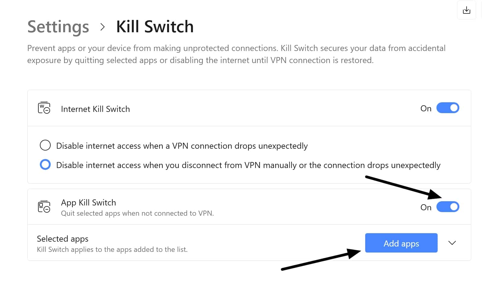 ميزات VPN - مفتاح الإيقاف