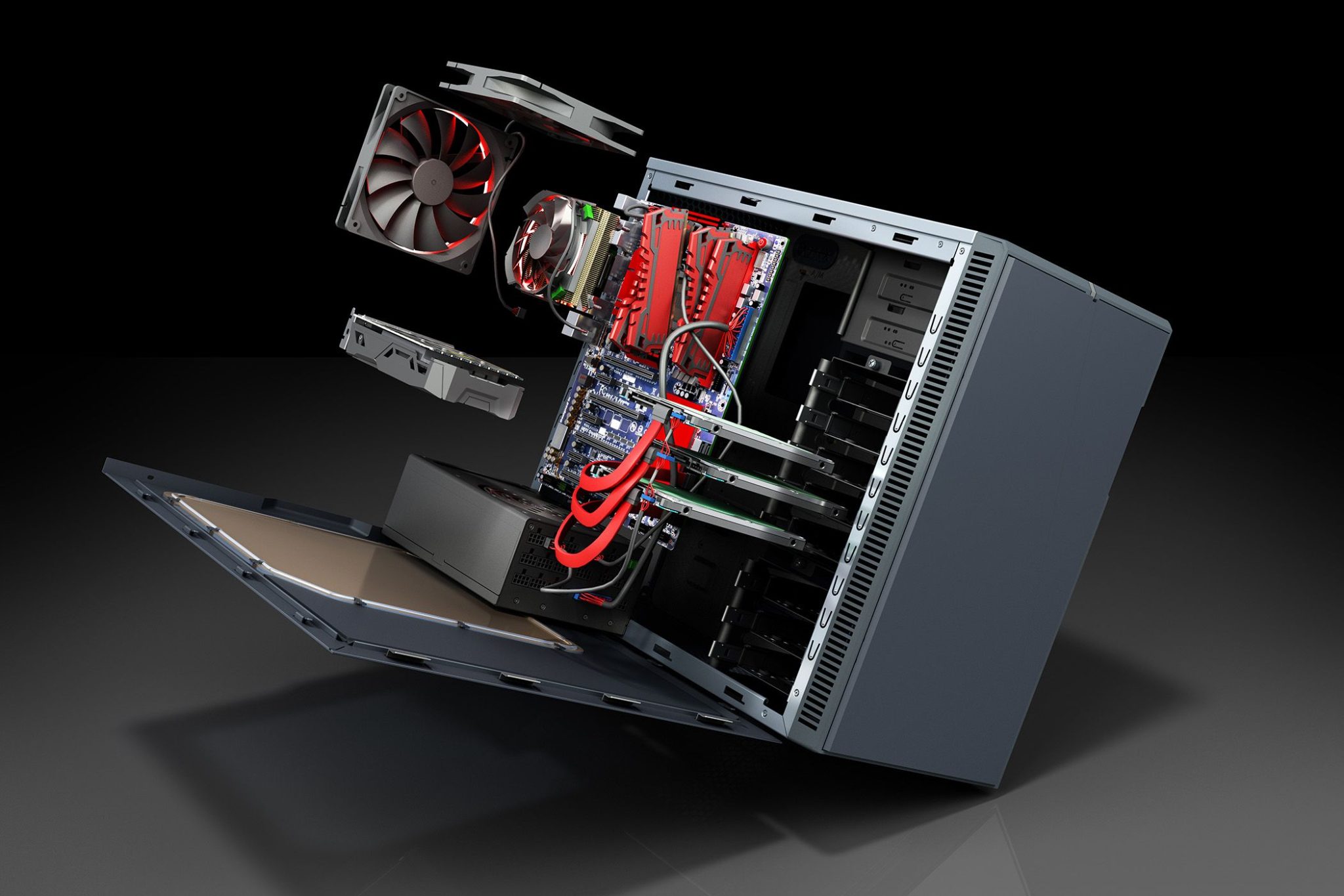 open PC case with internal parts