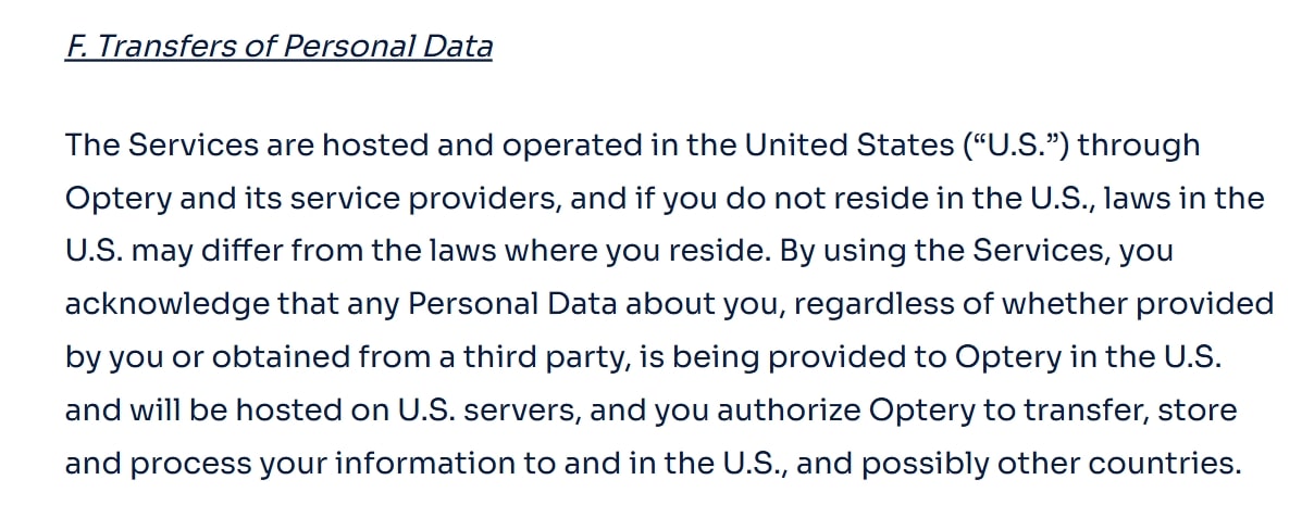 optery transfers policy