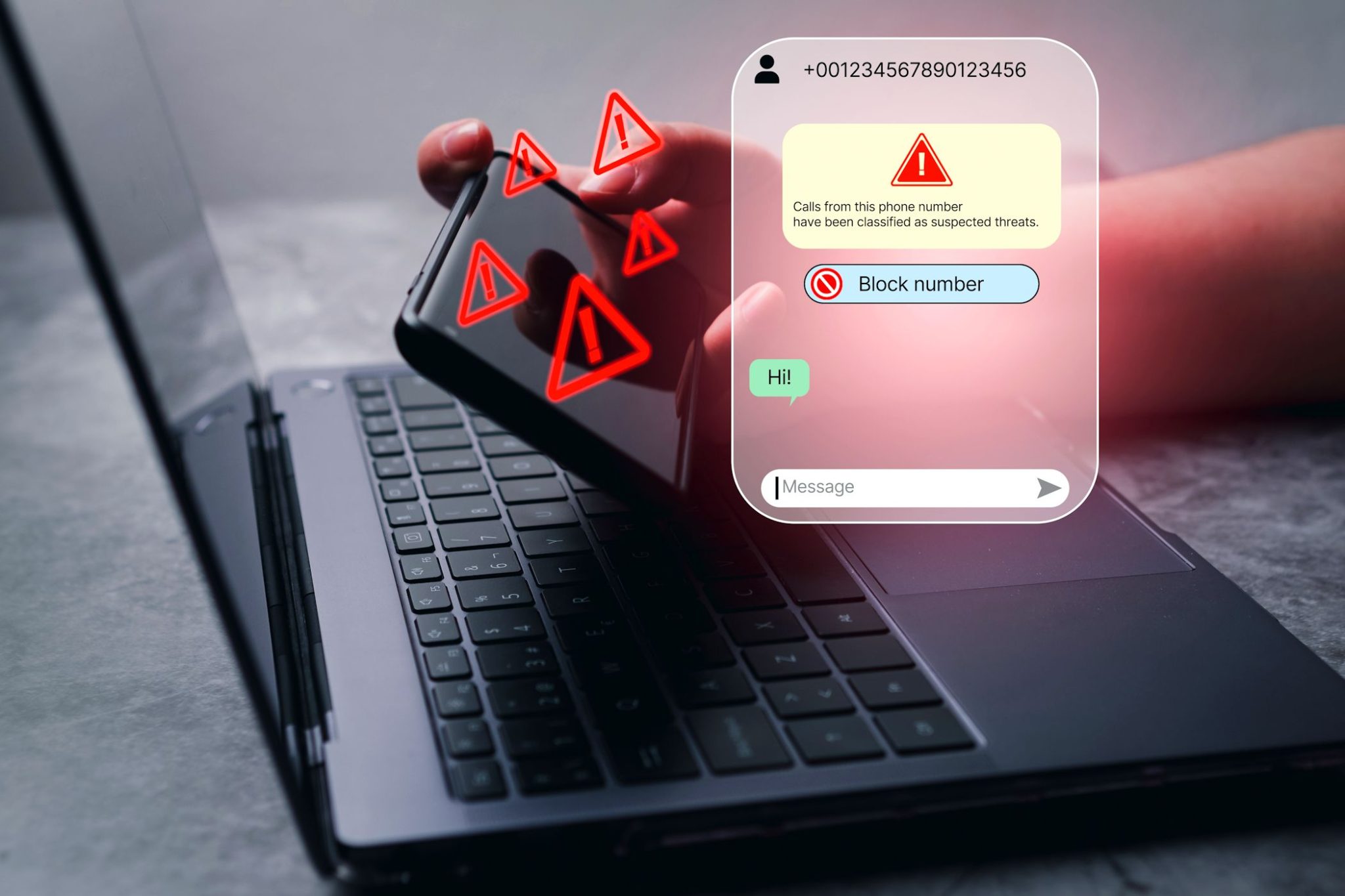 person using smartphone with smishing phishing scam pop up