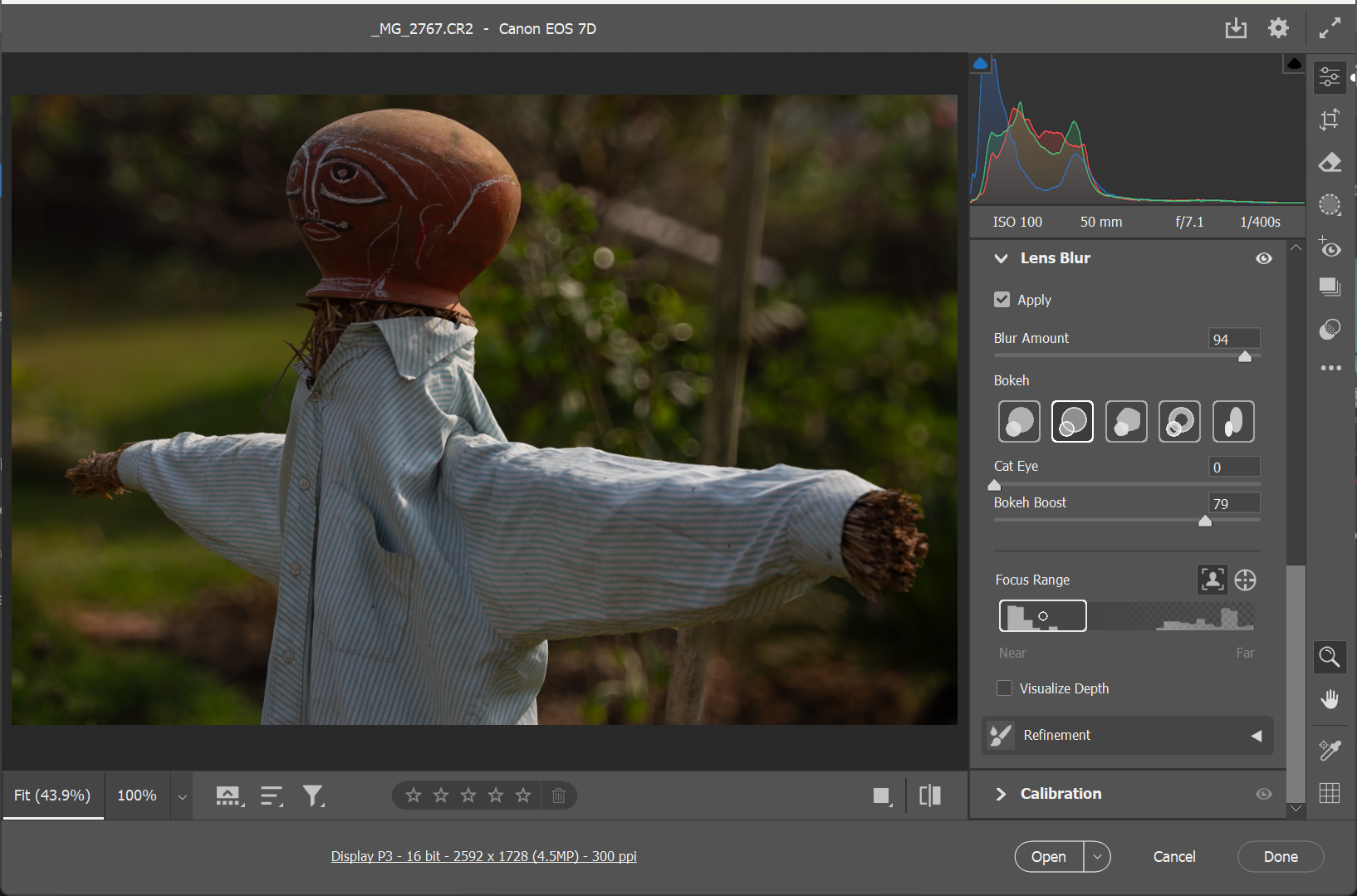 إعدادات Lens Blur في Photoshop في Camera Raw