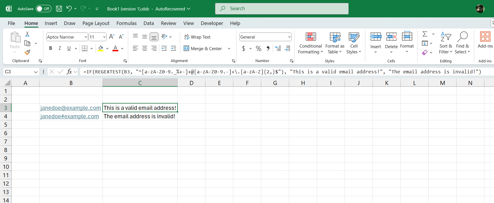 دمج دالتي REGEXTEST وIF في Excel.