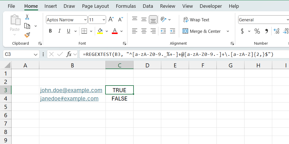 دالة REGEXTEST في Excel.