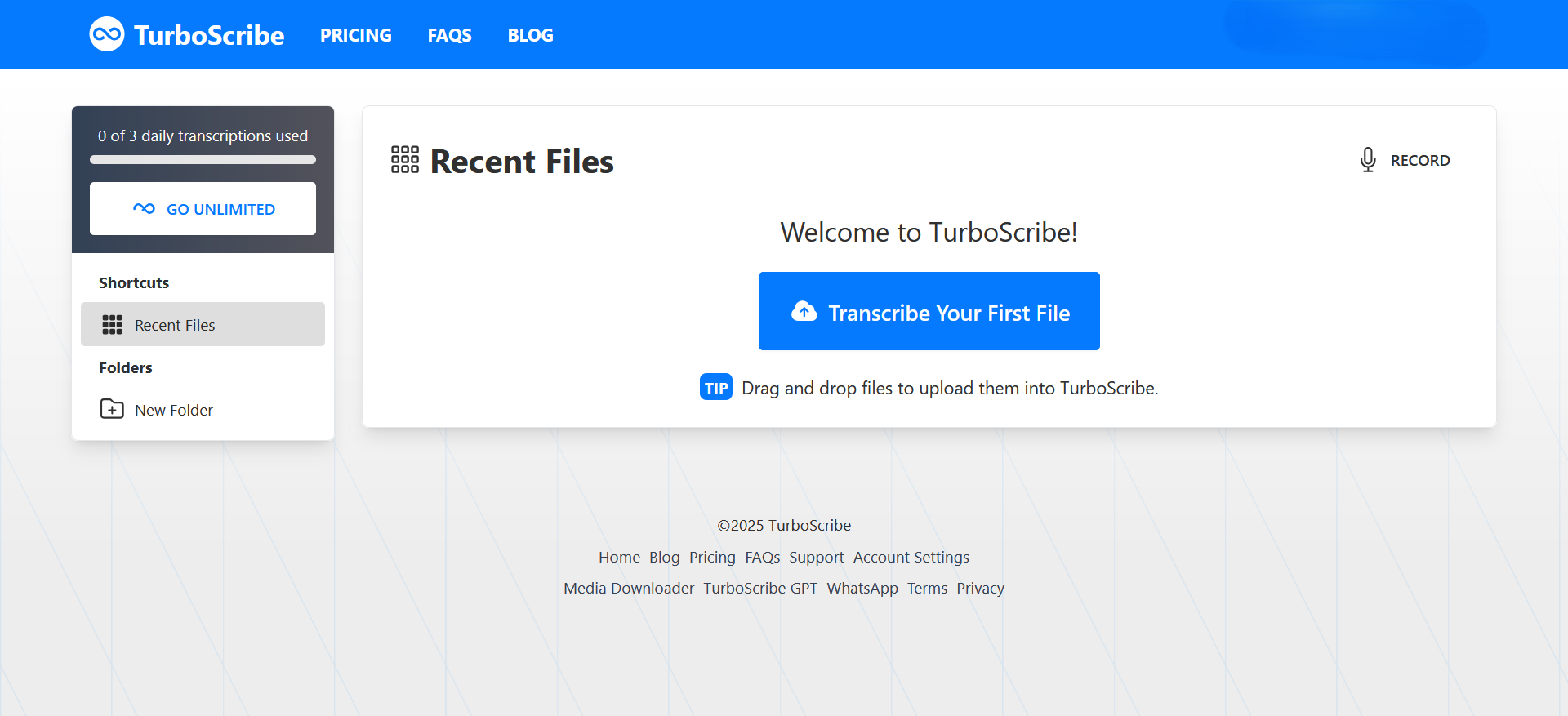 الصفحة الرئيسية لـ TurboScribe