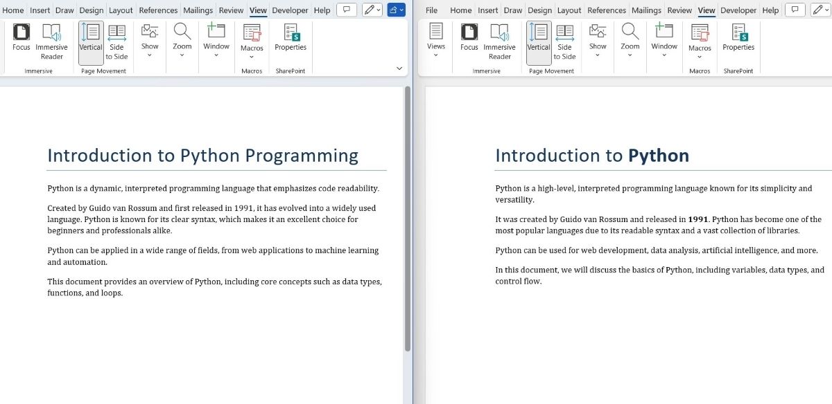 Two MS Word documents on Python in side by side view