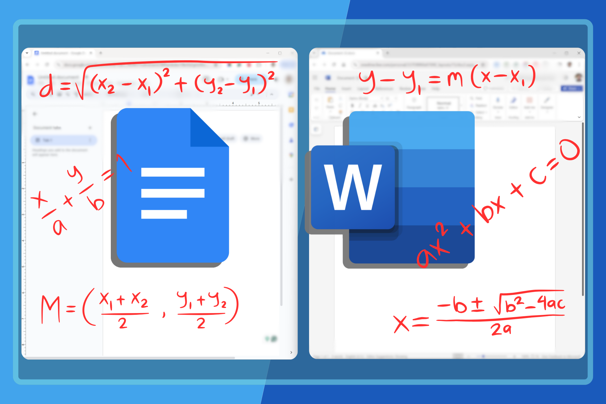 نافذة Word بجانب نافذة Google Docs مع شعاراتها ومعادلاتها.